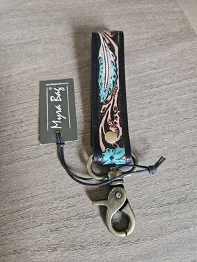 Myra Bag Black Leather Key Fob Wristlet with Turquoise and Tooled Feather-NWT